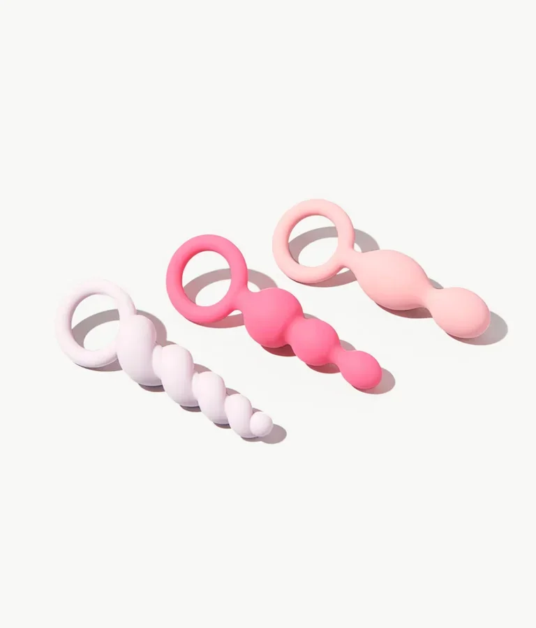 Kit anal progresivo de tres tallas en silicona rosa y blanca
